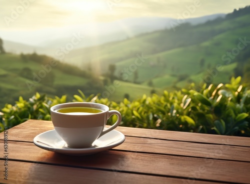 Tea in cup on a wooden table with green field in the background