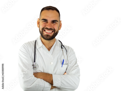 Young male doctor crossing his arms while smiling. Looking at camera isolated on white background