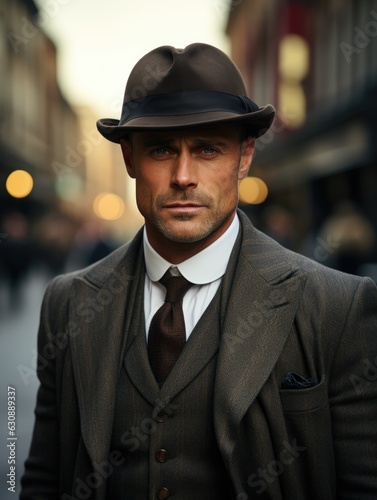 Man in stylish retro old-fashioned Peaky Blinders gang style suit