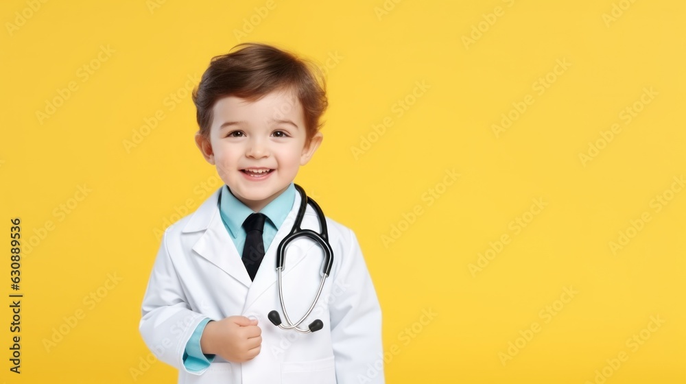 Cute child in doctor coat with stethoscope on color background Cute child in doctor coat with stethoscope on color background