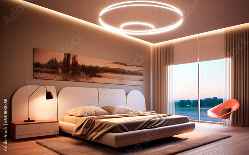 A modern bedroom with lights embedded in the ceiling.