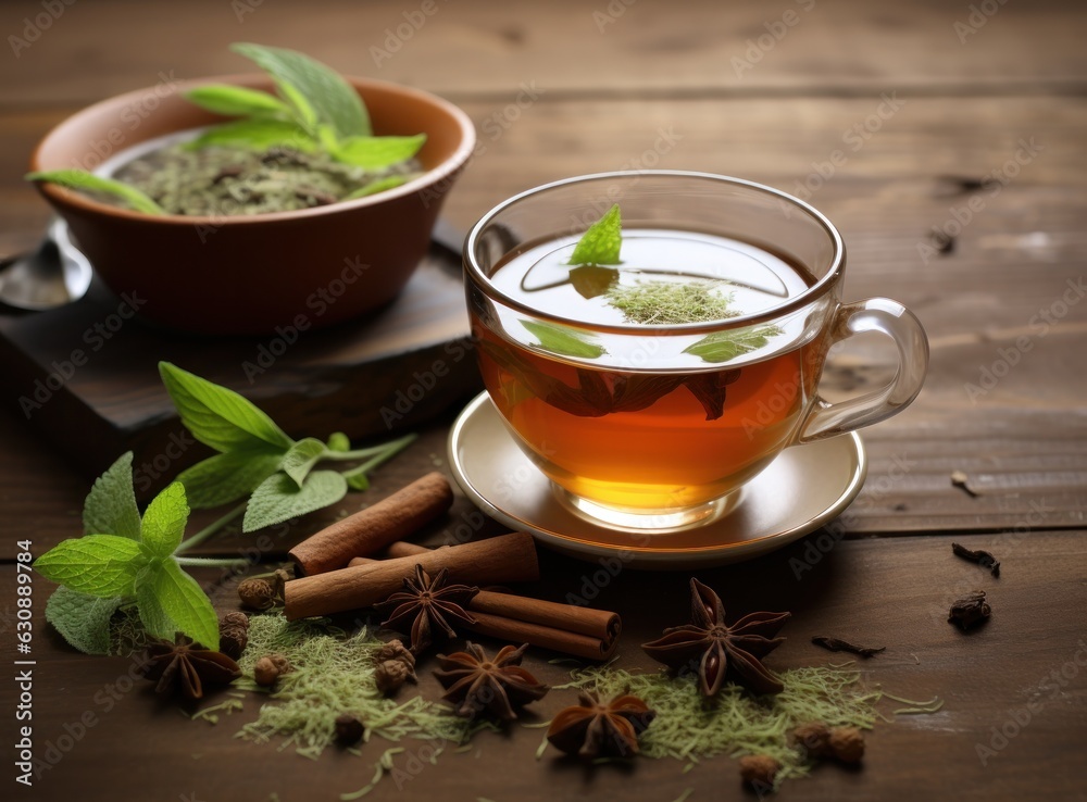 A cup of hot honey and sour green tea with spices on the wooden background. A cup of hot honey and sour green tea with spices on the wooden background.