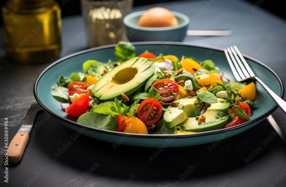 An avocado mixed salad with red cabbage and tomato An avocado mixed salad with red cabbage and tomato