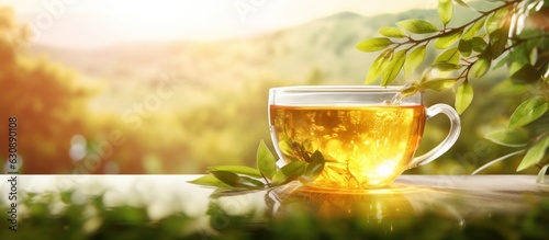 Tea in cup on a wooden table with green field in the background