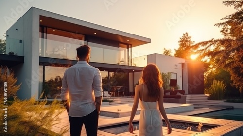 Beautiful young couple outside house at sunset