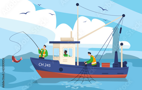Fishing in boat concept. Men with net at sail. Fishin g industry and fishermans at sea or ocean. Active lifestyle and outdoor leisure. People with red fish. Cartoon flat vector illustration