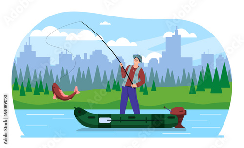 Man on fishintg boat concept. Young guy with fishing rod at lake. Active lifestyle and leisure outdoor. Fisherman with red big fish. Natural panorama. Cartoon flat vector illustration