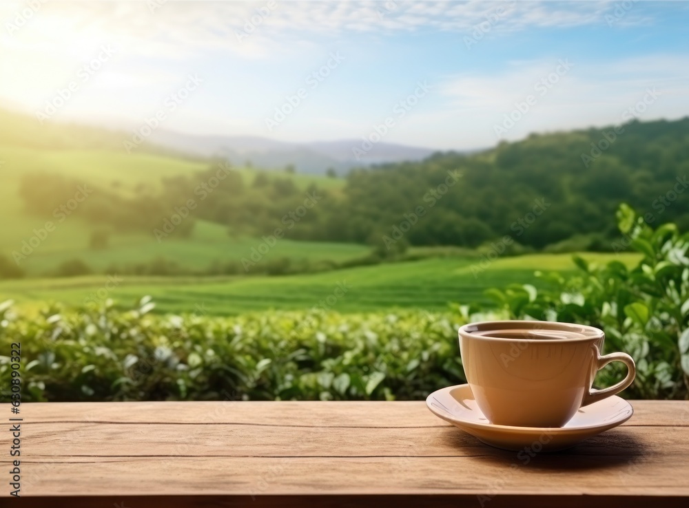 Tea in cup on a wooden table with green field in the background Tea in cup on a wooden table with green field in the background