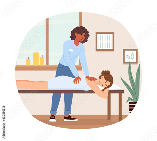Woman with client at massage concept. Young girl at beauty treatments and procedures inside SPA salon. Relaxation and wellbeing, rest. Comfort and coziness. Cartoon flat vector illustration