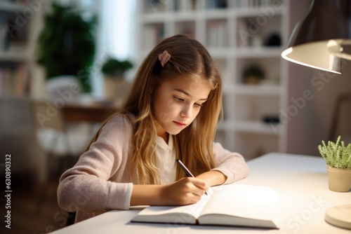 Young girl reading and writing in the notebook