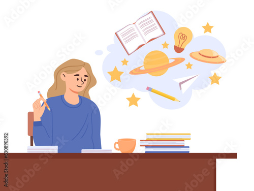 Girl with inspiration concept. Student with pencil and books at table. Distance education, learning and training. Woman preparing for test or examination. Cartoon flat vector illustration