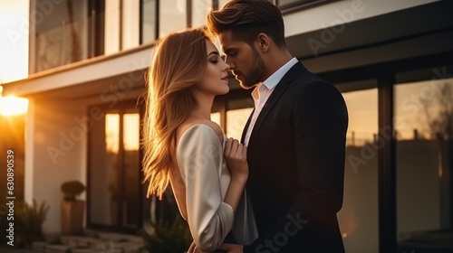 Beautiful young couple outside house at sunset
