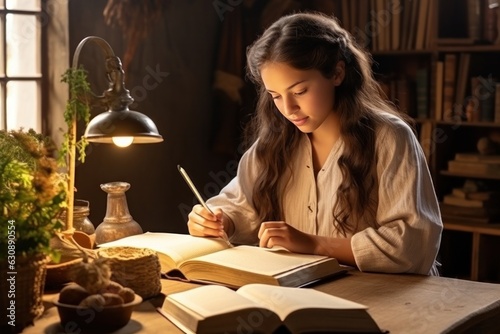 Young girl reading and writing in the notebook