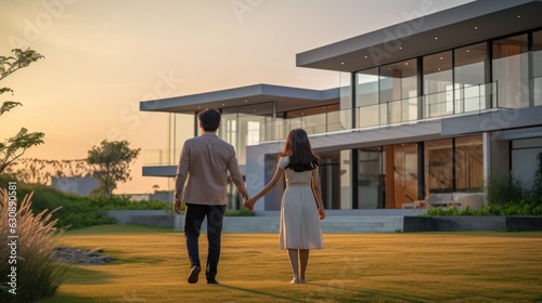 Beautiful young couple outside house at sunset