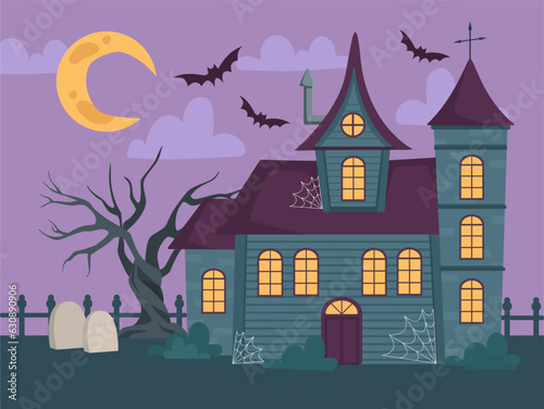 Horror house with bats concept. Castle of fear and horror, ancient real estate. Tree, graves and net at building. Poster or banner, greeting postcard for Halloween. Cartoon flat vector illustration