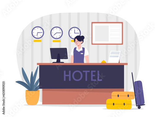 Hotel woman receptionist concept. Young girl in uniform at cashier. Travel and tourism. Character indoor with luggage and baggage. Poster or banner. Cartoon flat vector illustration