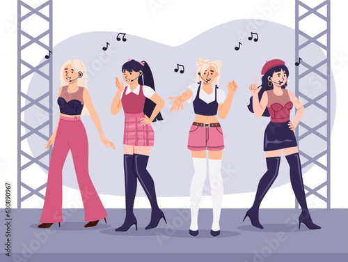 Idol girls at scene concept. Women in trendy clothes singing at scene. Pop musicians performs. Celebrities and popular personalities. Band of female singers. Cartoon flat vector illustration