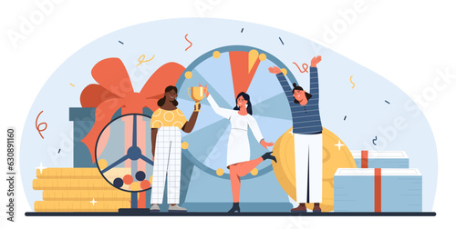 People with lottery concept. Man and women with goblet and gold coins. Games of fortune and gmabling. Tiockets and cash. Winners with prize and award. Cartoon flat vector illustration
