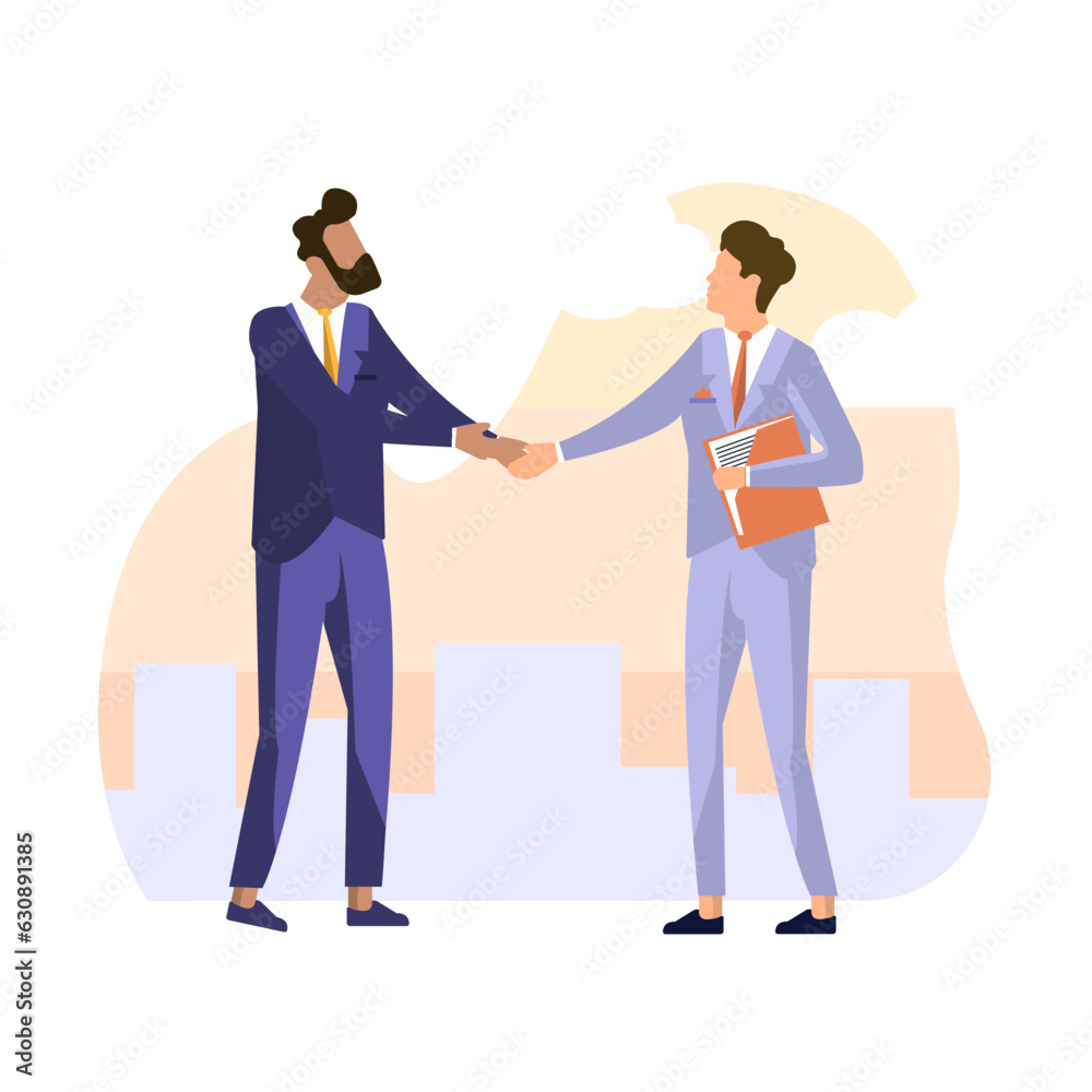 Illustration concept for concluding a contract, insurance, business negotiations, services of a lawyer, lawyer, notary, insurance agent. Two men shake hands to make a deal .