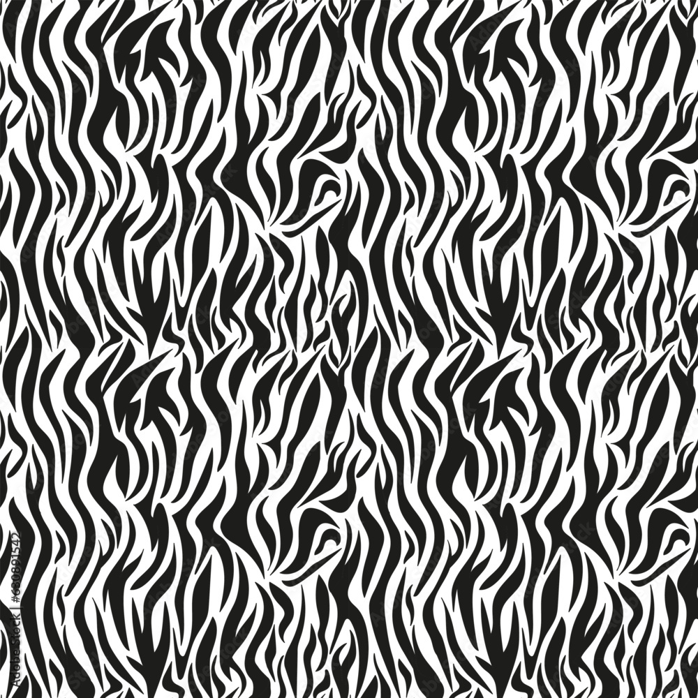 Zebra seamless pattern. Black and white texture of striped animal skin and fur. Trendy vector background for fabric design, wrapping paper, textile, wallpaper, print, covers. Zebra seamless pattern. Black and white texture of striped animal skin and fur. Trendy vector background for fabric design, wrapping paper, textile, wallpaper, print, covers.