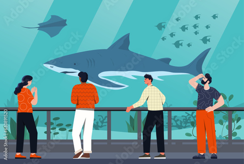 People in oceanarium concept. Men and women look through glass at shark and slope in aquarium. Representatives of underwater world, biology and zoology. Cartoon flat vector illustration