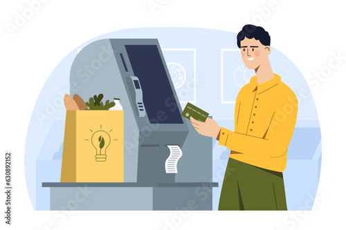 Self service checkout concept. Man with banking card and groceries in bag. ATM and contactless payment, electronic commerce. Baguette, milk and broccoli. Cartoon flat vector illustration