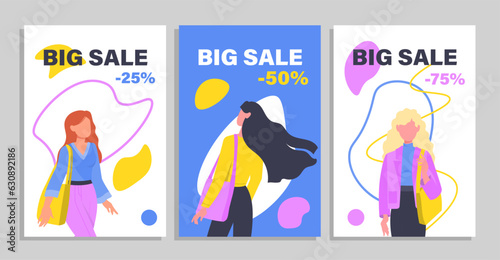 Shopping girls banner set. Discounts and promotions, special and limited offer. Electronic commerce and marketing. Women with bags. Cartoon flat vector collection isolated on grey background