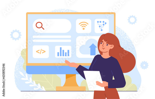 Woman with software integration concept. Young girl near computer monitor. Programmer and IT specialist with diagrams, develops applications and programs, software. Cartoon flat vector illustration