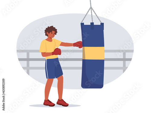 Man boxer training concept. Young guy in boxing gloves hits punching bag. Active lifestyle and sports, martial arts. Workout and training, competition. Cartoon flat vector illustration