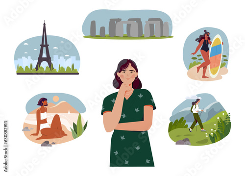 Woman with travel and tourism concept. Young girl plnninng holiday and vacation. Choose between Paris, beach, desert or hiking. Cartoon flat vector collection isolated on white background
