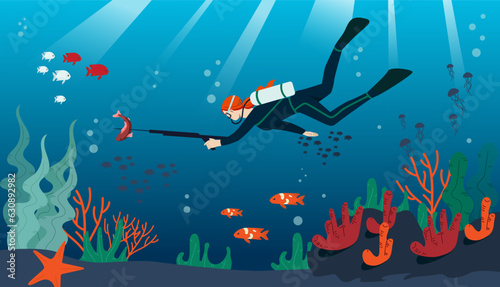 Underwater hunting concept. Woman in diving suit with oxygen tanks explores underwater world. Young girl with spear catches red fish in ocean or sea. Cartoon flat vector illustration