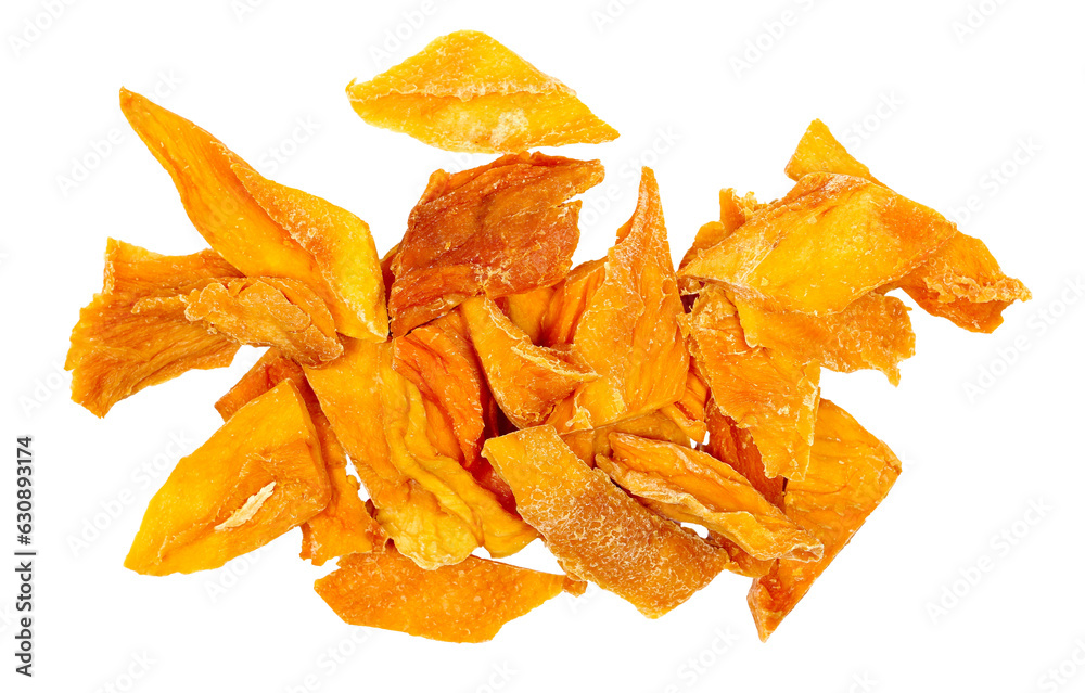 Pile dried mango slices isolated on white, top Pile dried mango slices isolated on white, top