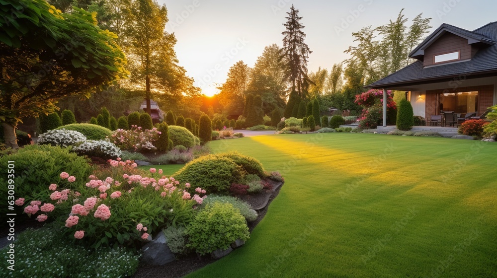 Beautiful manicured lawn and flowerbed with shrubs in sunshine residential house backyard background. - obrazy, fototapety, plakaty 