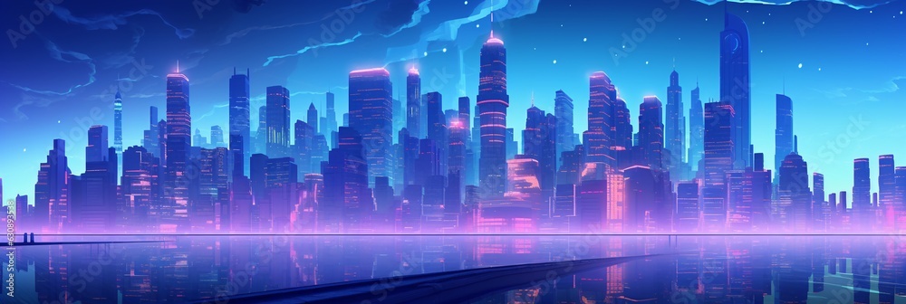 3d illustration of the futuristic city image background, extra wide, blue and purple.