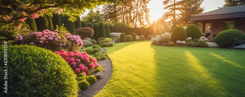 Beautiful manicured lawn and flowerbed with shrubs in sunshine residential house backyard background.