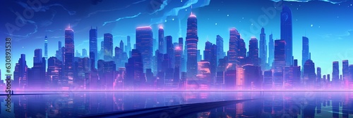 3d illustration of the futuristic city image background, extra wide, blue and purple.