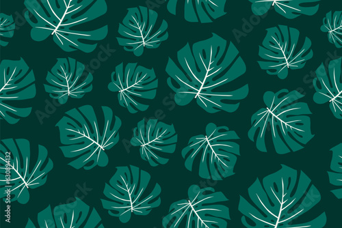 Beautiful exotic floral seamless pattern with monstera deliciosa leaves on green background.