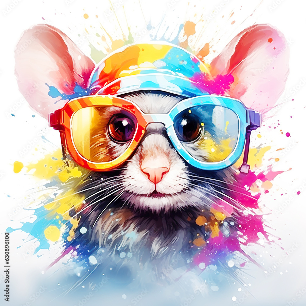 Cartoon colorful rat or mouse with sunglasses on white background.