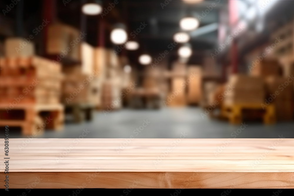 Empty wooden table and blurred warehouse background, product display montage