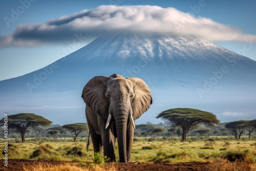 African elephant on savannah with Mount Kilimanjaro in the background