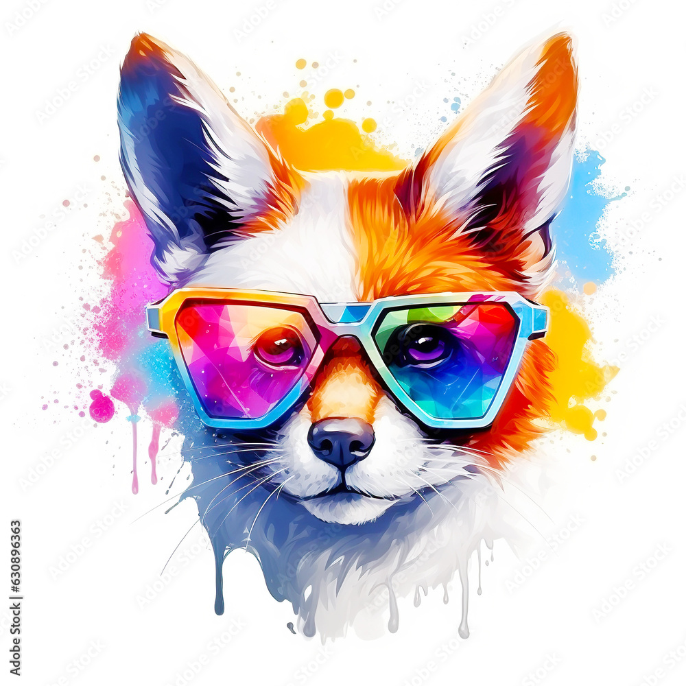 Cartoon colorful fox with sunglasses on white background.