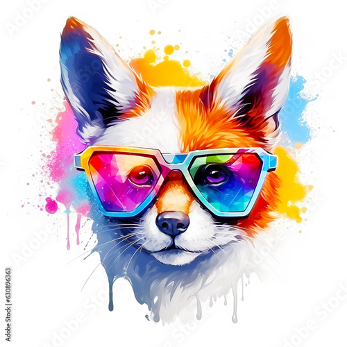 Cartoon colorful fox with sunglasses on white background. © innluga