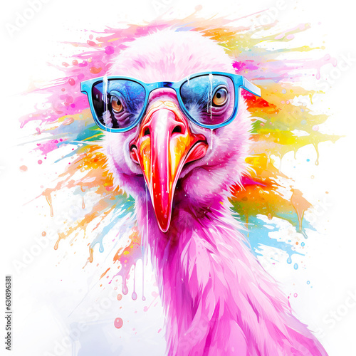 Cartoon colorful pink flamingo with sunglasses on white background.