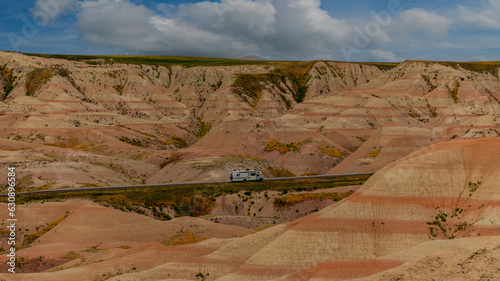 Rv traveling through the badlands of South Dakota