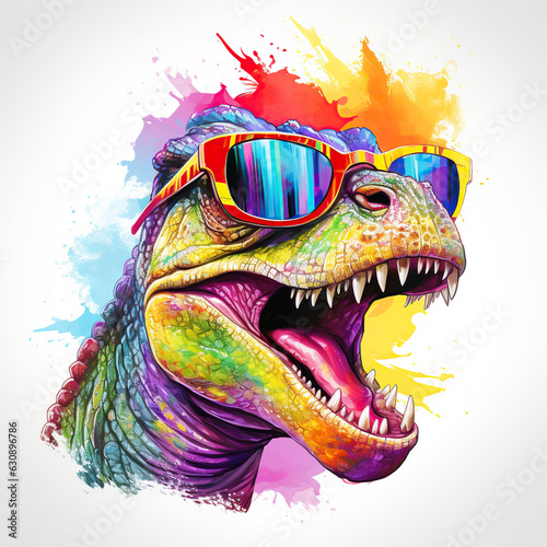 Cartoon colorful dinosaur with sunglasses on white background.