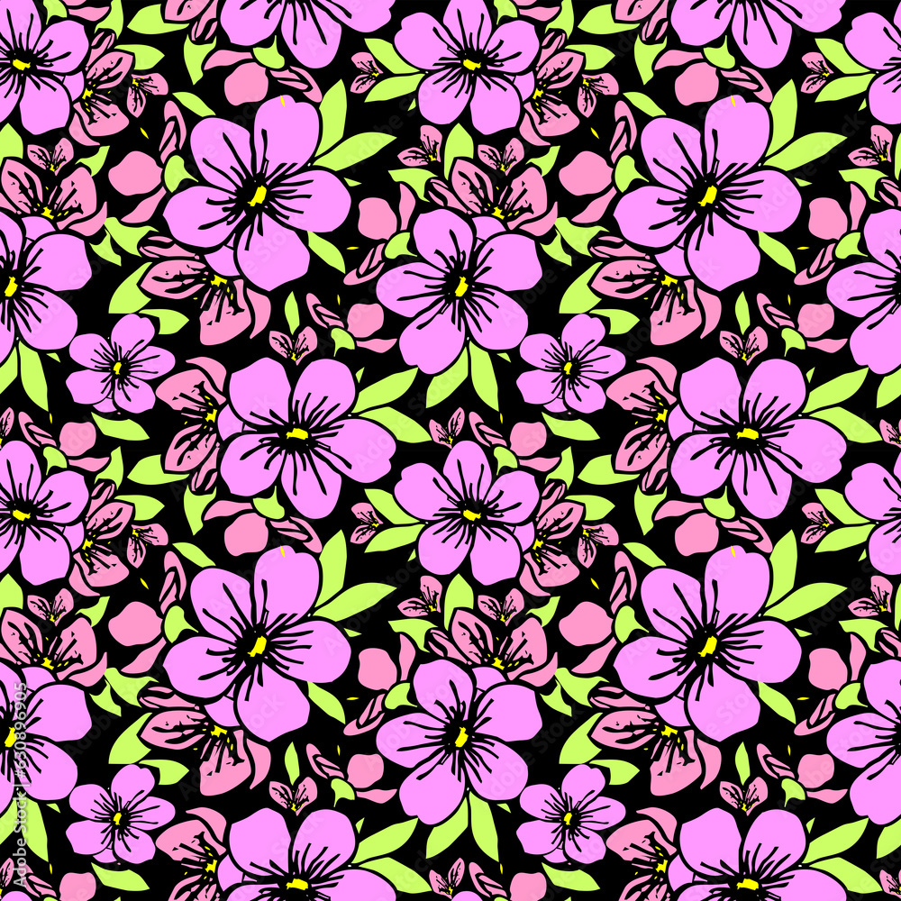 symmetrical seamless pattern of pink flowers on a black background, texture, design
