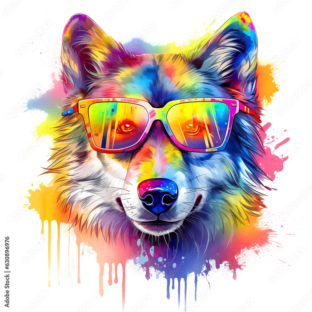 Cartoon colorful wolf with sunglasses on white background.