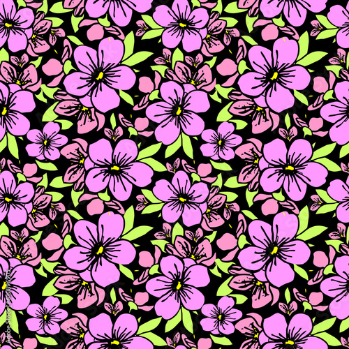 symmetrical seamless pattern of pink flowers on a black background  texture  design