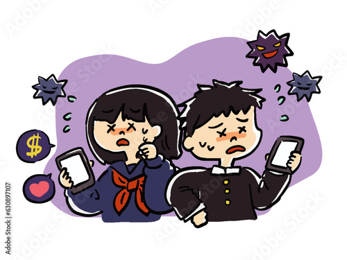 携帯電話とインターネットのトラブルで困っている学生(男女)のイラストセット