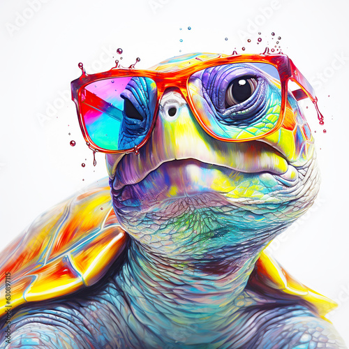 Cartoon colorful turtle with sunglasses on white background. photo